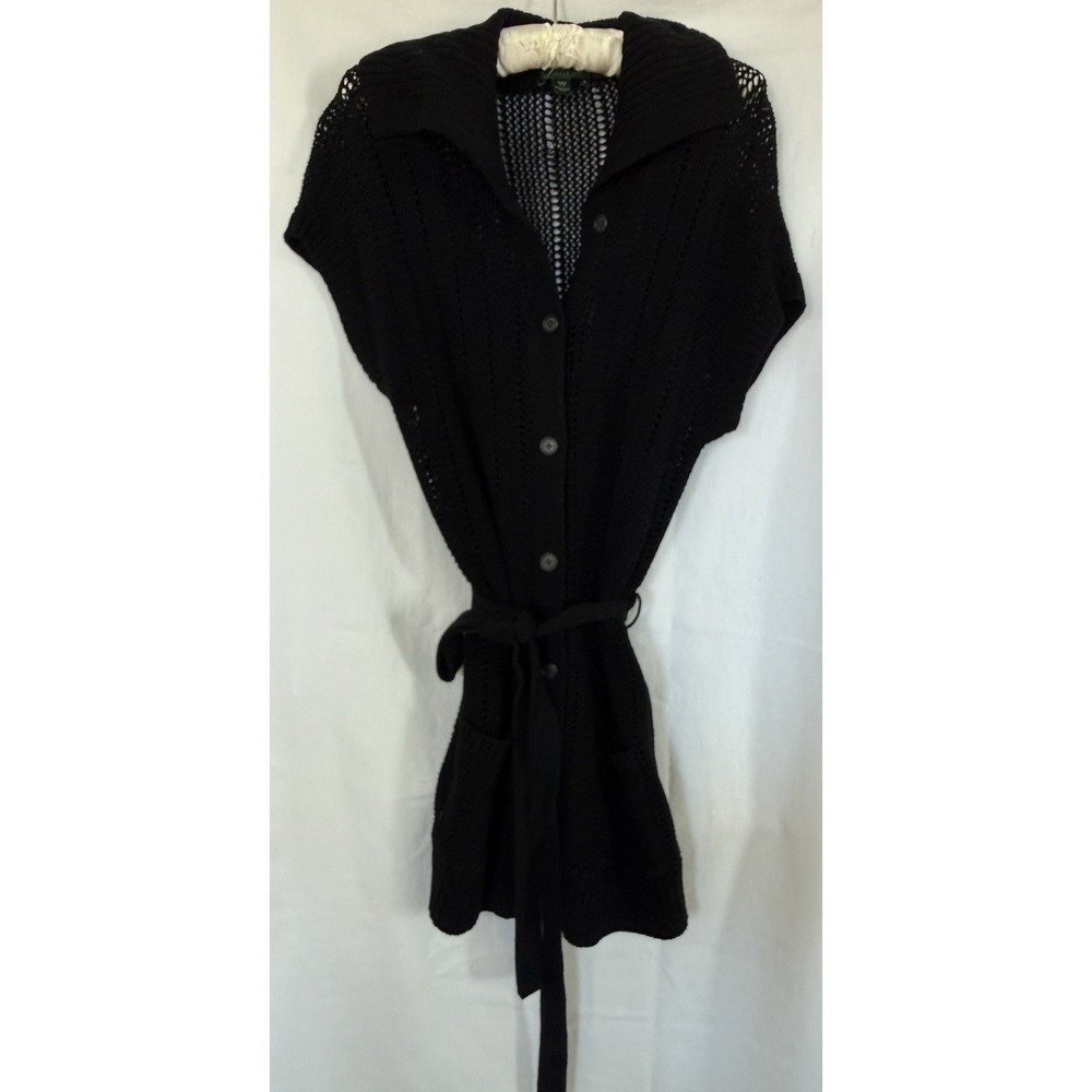 Lauren Ralph Lauren Black Open-Knit Button-Front Belted Cardigan Sweater XL